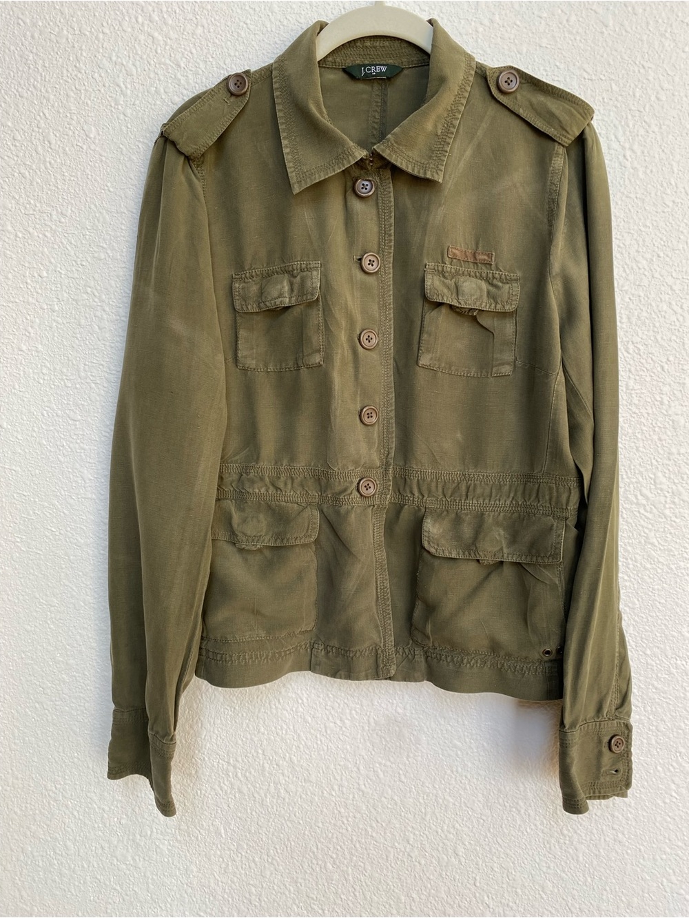 J. Crew Military-Style Utility Olive Jacket in Silk & Linen | Size L